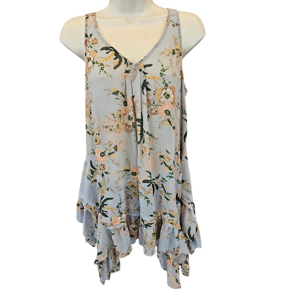 MAEVE MAGDA Blouse S Sleeveless Floral Asymmetrical Ruffles BLHO RAGLAN CHIFFON